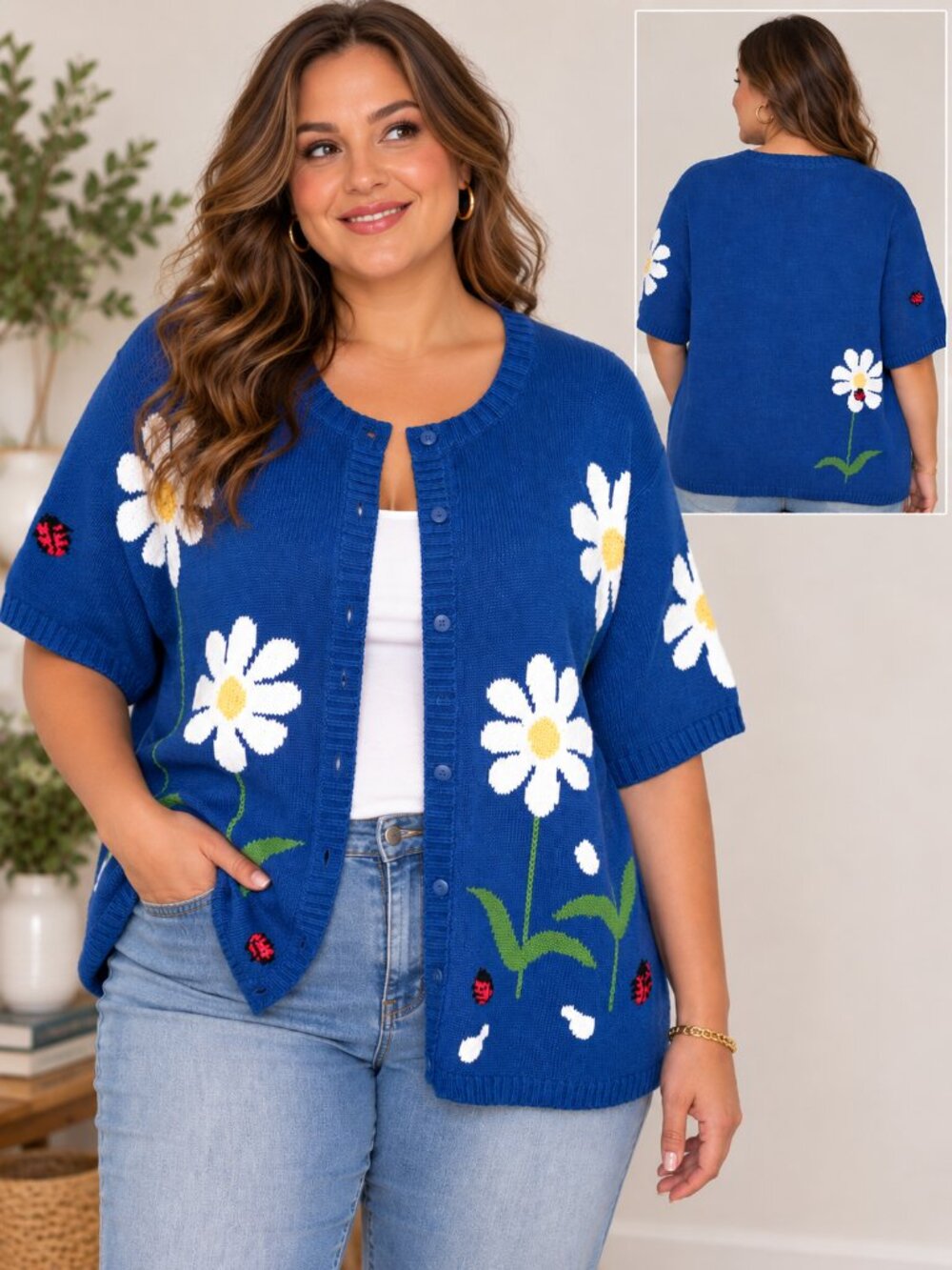3D NOVELTY KNIT Blue Daisy Ladybug Cardigan Plus Size 4X Short Sleeve Sweater